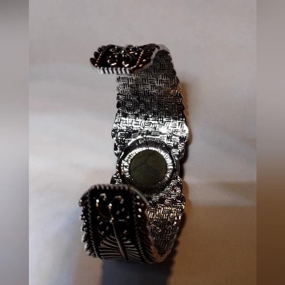 Silver Cuff Bracelet with Faux Green Stones - Picture 3 of 4